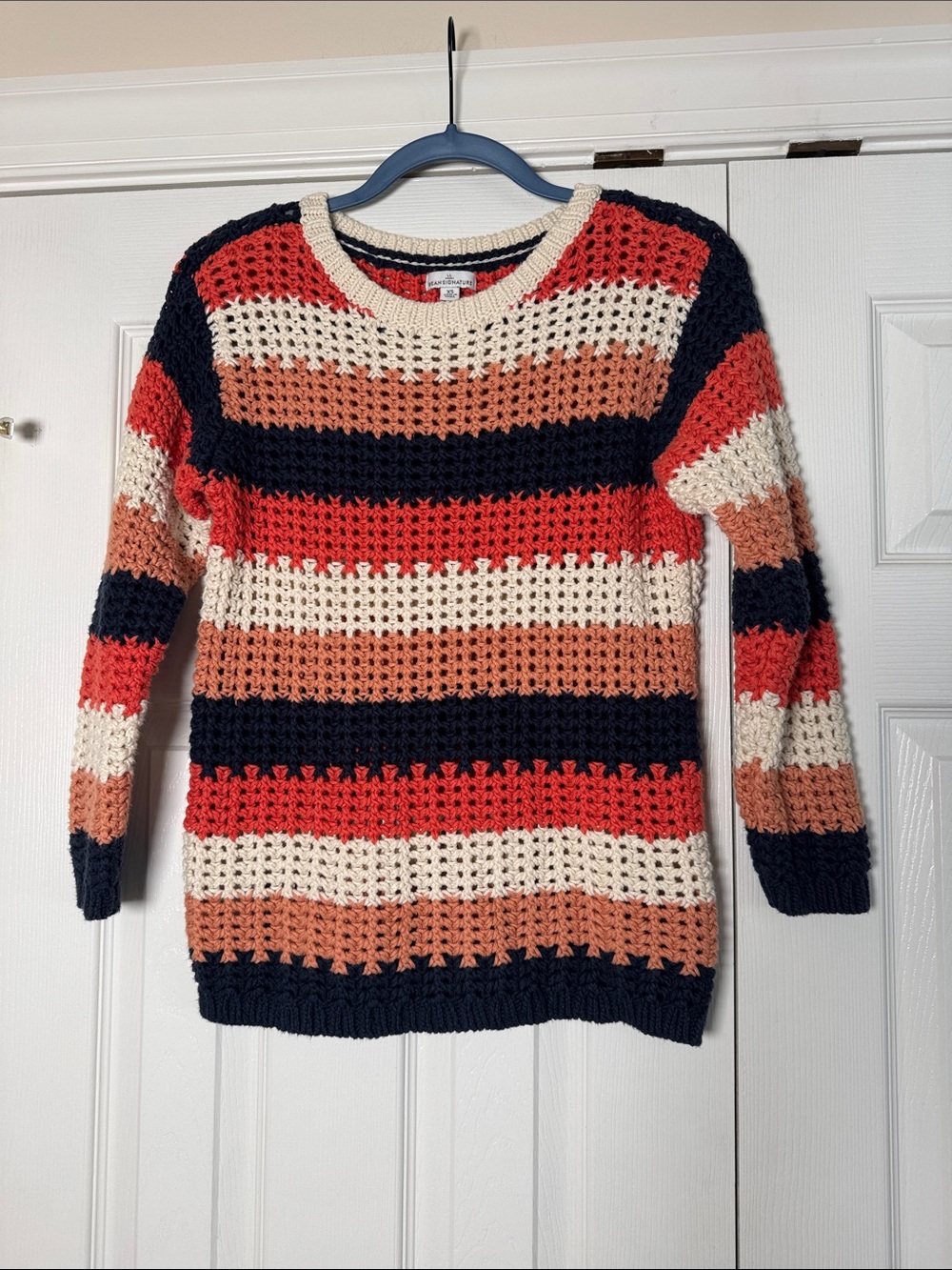 LL Bean signature Bailey fisherman crochet knit sweater size XS 100% cotton